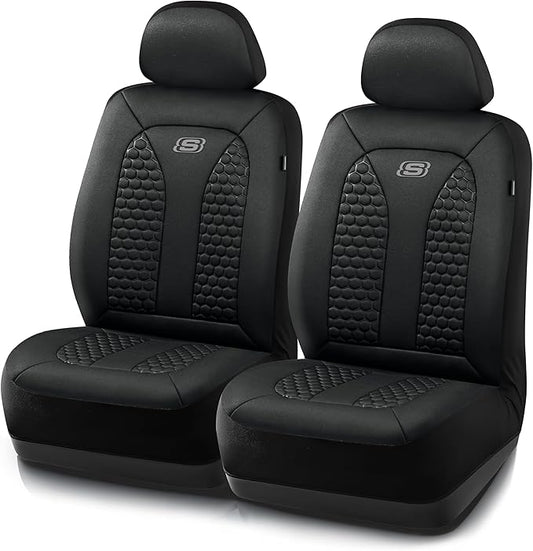 Skechers Memory Foam™ Car Seat Covers, Hexcomb Breathable Thick Seat Covers Black Two Front Seat Covers, Airbag Compatible, Automotive Comfort & Protection for Most Cars,Van,Trucks, SUVs (Black)