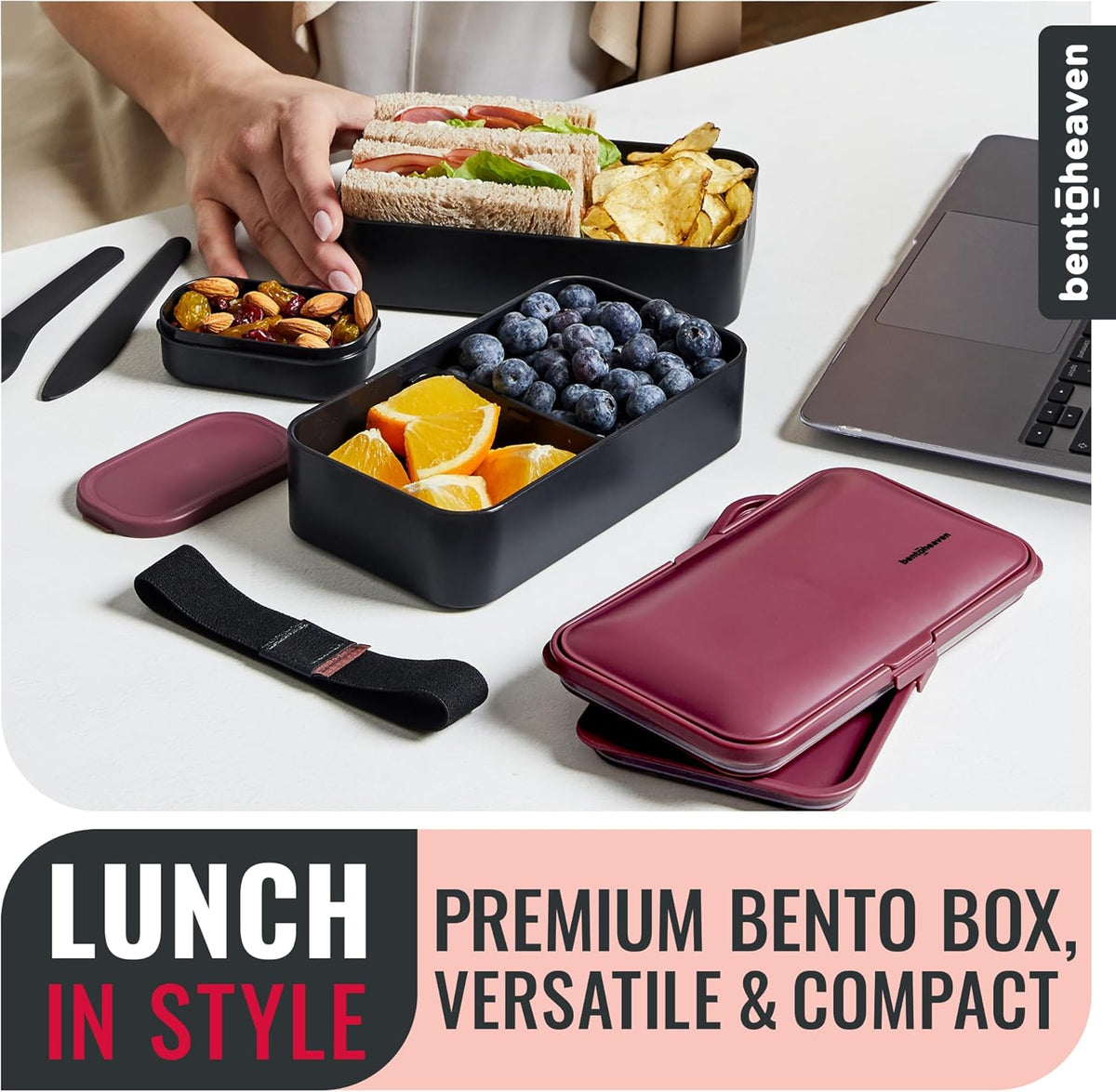 Bentoheaven Premium Bento Box Adult Lunch Box with Compartments for Women & Men, Set of Utensil & Chopsticks & Dip Container, Cute Japanese Kids Bento Lunch Box, Microwavable (Very Berry)