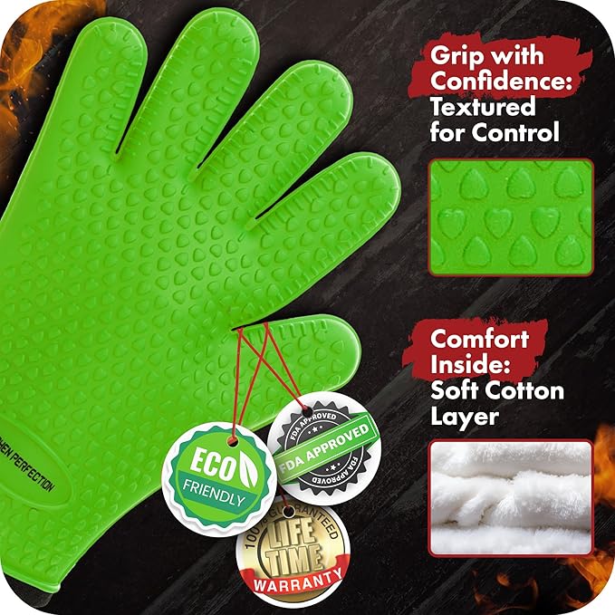 KITCHEN PERFECTION Silicone Smoker Oven Gloves -Extreme Heat Resistant BBQ Gloves-Handle Hot Food Right on Your Grill Fryer&Pit|Waterproof Grilling Cooking Baking Mitts |Superior Value Set +2 Bonuses