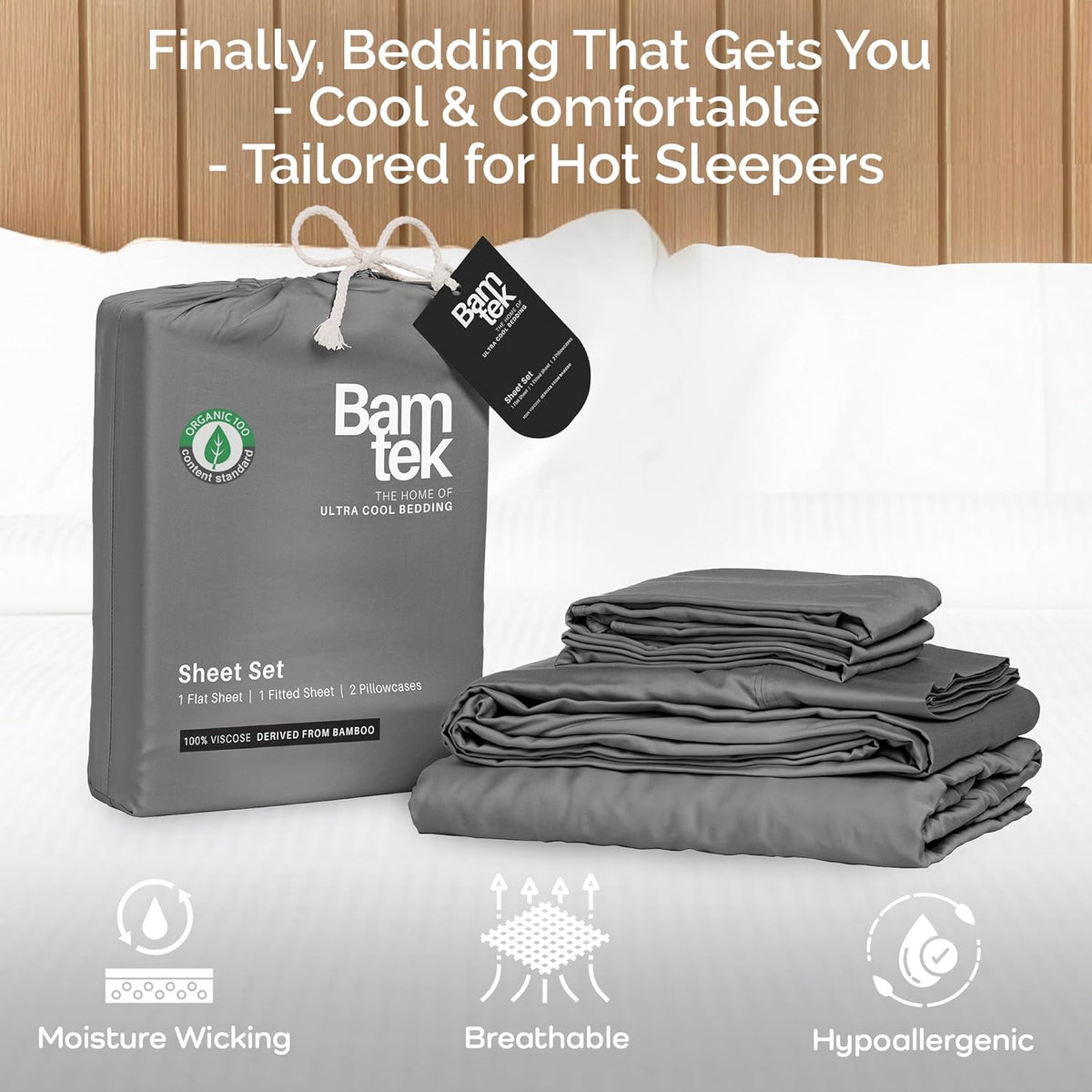 100% Viscose from Bamboo Sheets California King Size, Super Soft Bedding Set, 4PC Cooling Sheets for Hot Sleepers, Vegan Silk Moisture Wicking, Organically Grown Bedsheet, Steel - 72" x 84"