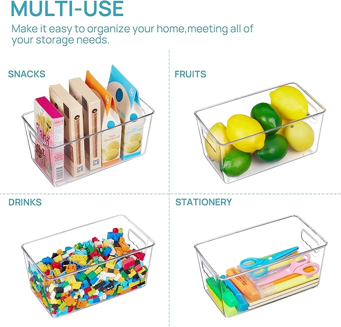 Vtopmart Clear Plastic Pantry Organizer Bins, 6 PCS Food Storage Bins with Handle for Refrigerator, Fridge, Cabinet, Kitchen, Countertops, Cupboard, Freezer Organization and Storage, BPA Free, Small
