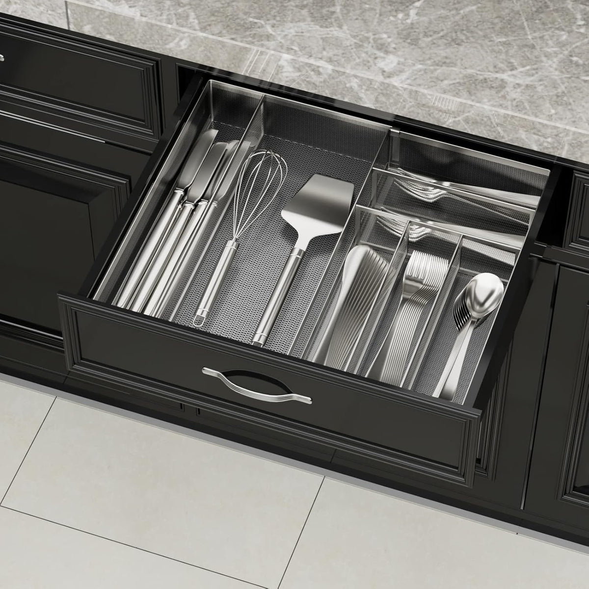 JANE EYRE Utensil Drawer Organizer - Expandable Cutlery Tray, Silverware/Flatware Storage Divider for Kitchen, Mesh Designing with Non-slip Rubber Feet (Silver)