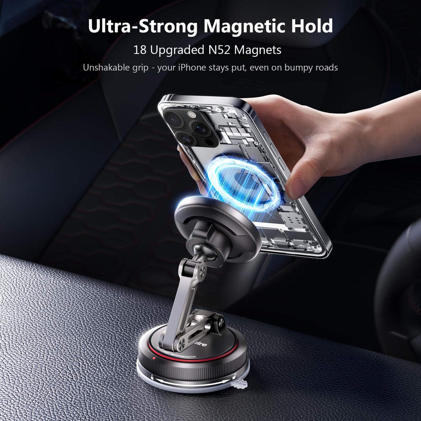 SYNCWIRE for MagSafe Car Mount [3-Axis] Nano Adhesive Gel + Strong Suction Cup Magnetic Phone Holder for Dashboard & Windshield, 360° Adjustable for iPhone 17 16 15 14 13 12, Samsung, Matte Black