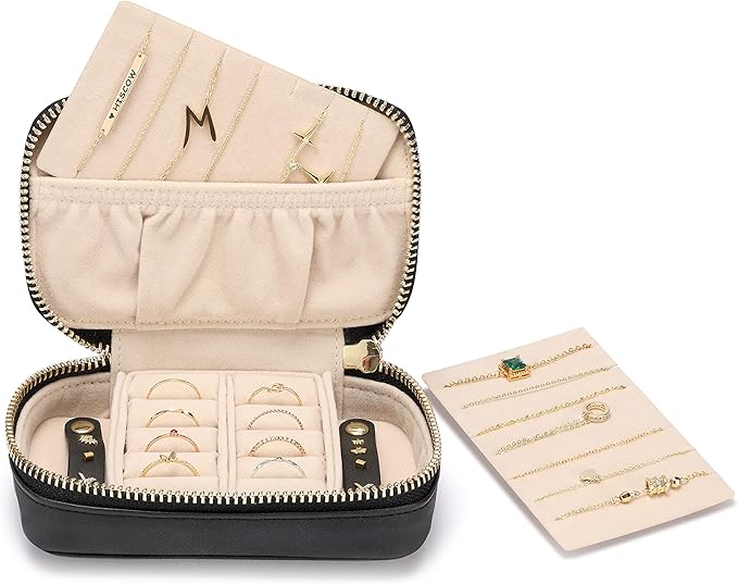 HISCOW Vegan Leather Travel Jewelry Case with Zipper - Portable Necklace & Earring Holder Organizer for Women Girls, Velvet-Lined Ring Box with Anti-Tarnish Design, Black