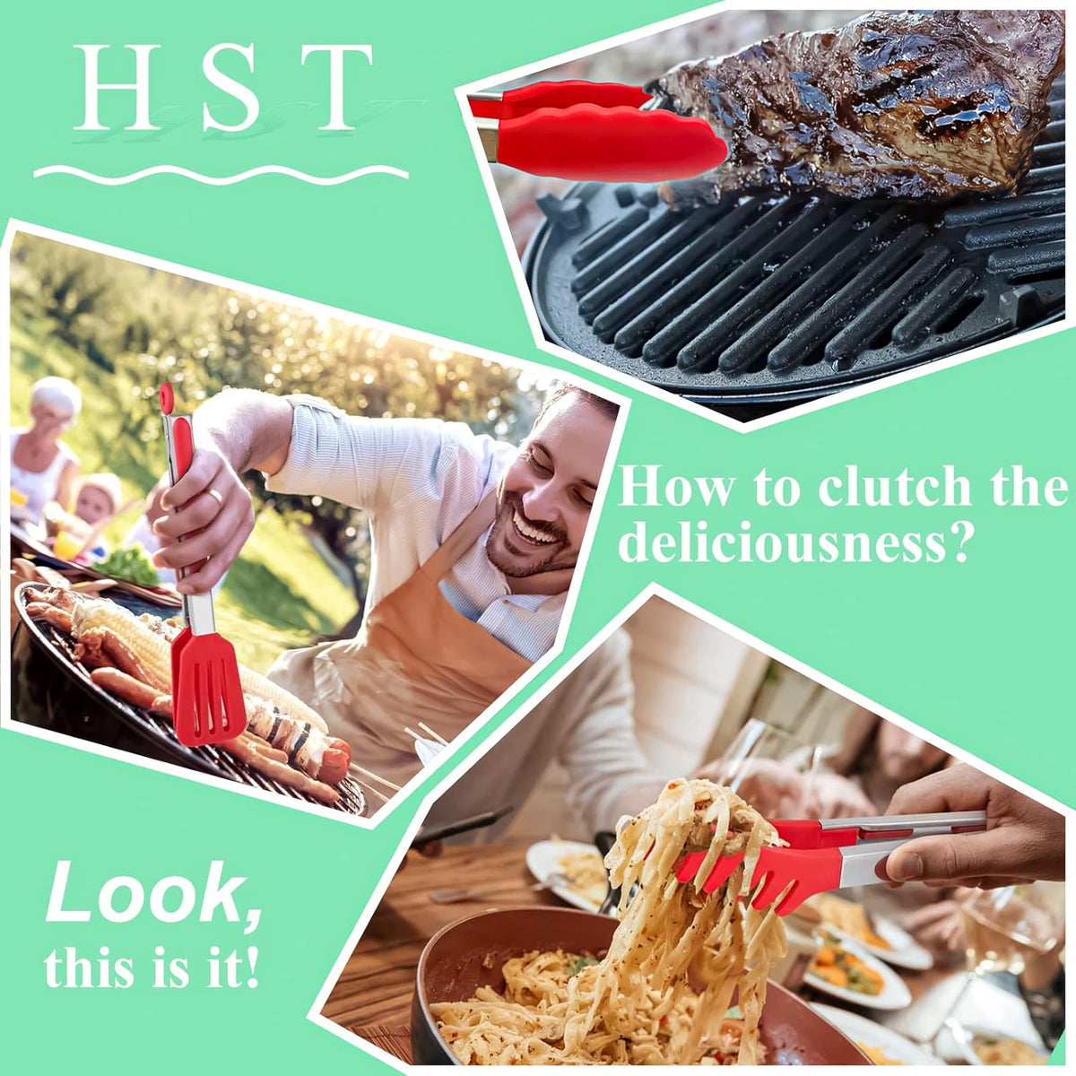 HST 3 Pack Kitchen Tongs, Non Stick Stainless Steel 9 Inch Tongs With Silicone Tip for Cooking BBQ Baking(Red)