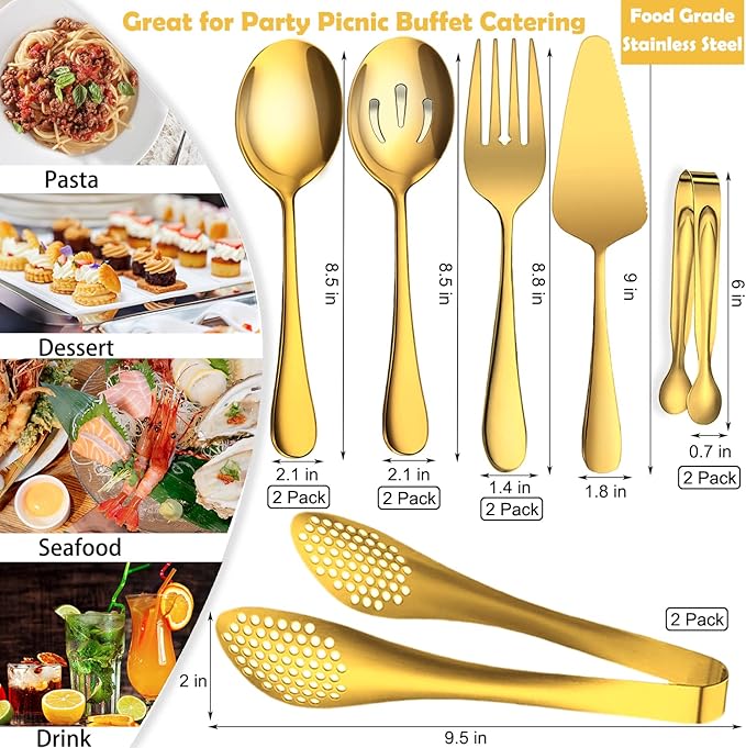 11 PCS Serving Utensils, Large Stainless Steel Spoons Forks Tongs, Pie Server, Great for Hostess Buffet Catering Banquet Party, Gold