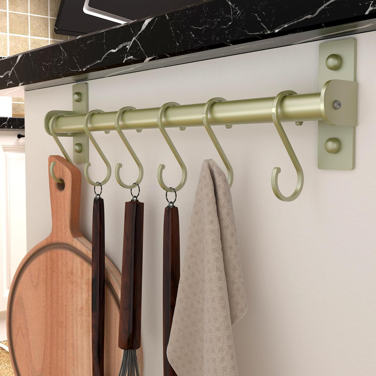Dseap Kitchen Utensil Holder Hanger, Pot and Pan Rack Wall Mounted, Kitchen Rail with 8 Hooks for Hanging Cooking Utensils, Mugs, Spoons, Wall Mounted, Champagne Color