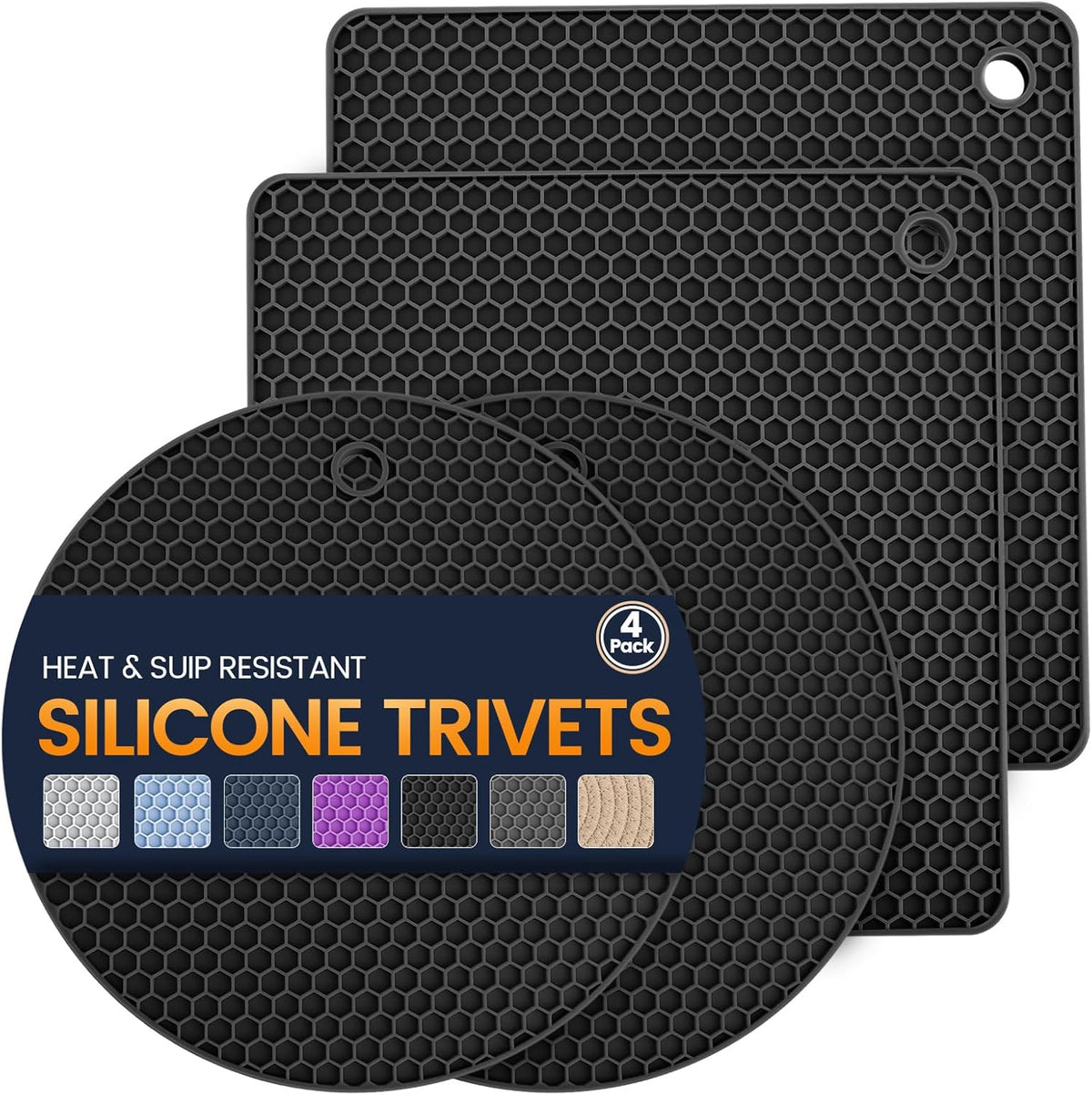 Silicone Trivet Mats 4 Heat Resistant Pot Holders Multipurpose Non-Slip Hot Pads for Kitchen Potholders, Drying mat, Jar Opener, Spoon Holder, Coaster(Black)