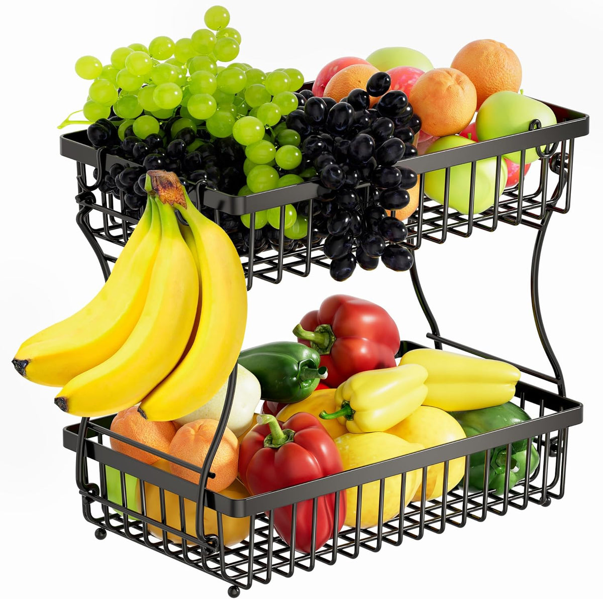 Fruit Basket,2-Tier Fruit Bowl with Banana Hanger,Kitchen Storage Countertop Rack,Fruit Metal Bowls Perfect for Holding Fruit,Vegetables,Snacks(Black)