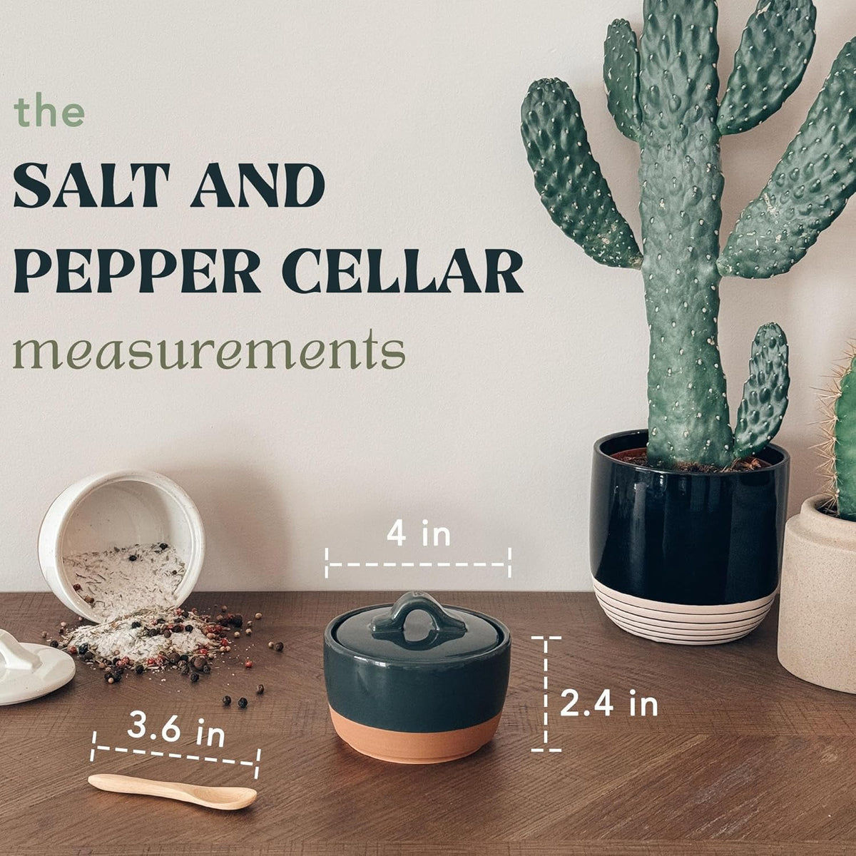 Mora Ceramic Salt and Pepper Cellar Set with Lid - 10 oz Modern Canister/Container/Bowl for Storage, Sea Salt, Spice, Sugar, Countertop - Small Dish/Jar with Wood Spoon, Black & White Crock