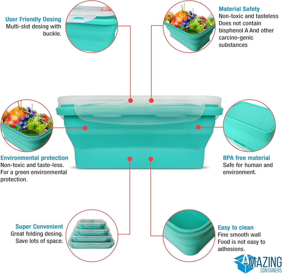 AMAZING CONTAINERS™ Collapsible Silicone Food Storage Container Set of 4 with Lids | Stackable | Microwaveable | Freezer, Dishwasher Safe| BPA Free