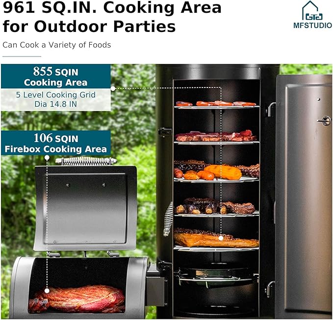 MFSTUDIO Vertical Offset Smoker Charcoal Grill,Extra Large BBQ Barrel Grills and Drum Smoker Combo with hanging racks and 5 removable grates for Smoking,ourdoor barbecue cooking,961 SQ.IN.Area