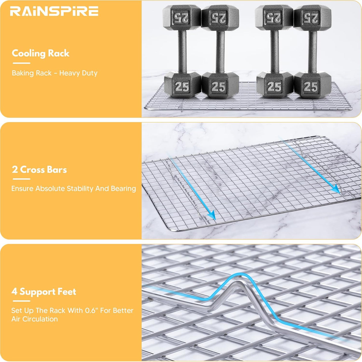 Rainspire Cooling Rack Stainless Steel, Heavy Duty Cooling Racks for Cooking and Baking, Oven Safe Wire Rack for Cooking, Baking Rack for Oven Cooking Fits Quarter Sheet Pan, 8.5" x 12", 2-Pack