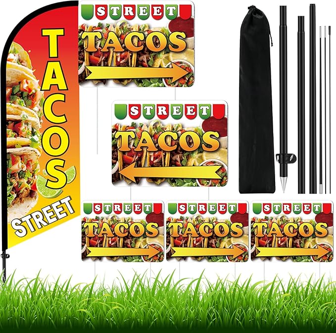 Tenceur 6 Pcs Tacos Burritos Feather Flag Kit, 1.8×5.4ft Tacos Windless Feather Banner Flag, 5 Yard Signs with Pole and Ground Stake for Restaurant Outside Store Business Markets