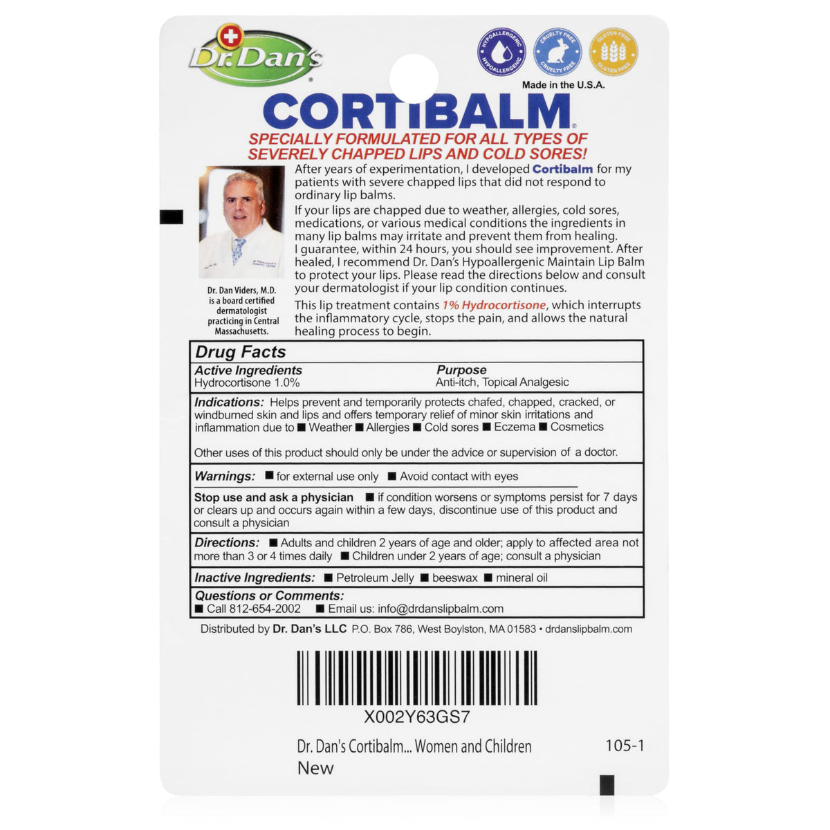 Dr. Dan's Cortibalm 3-Pack 1% Hydrocortisone Lip Balm for Dry Cracked Lips
