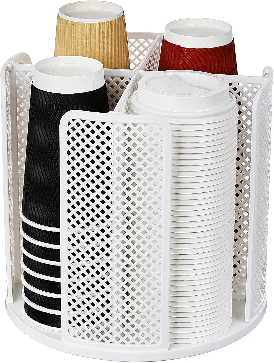 Rotating Cup Dispenser, Coffee Cup Holder with 4 Compartments, Disposable Paper Cup Organizer Fits 5 to 16 oz Cups for Kitchen Cabinets, Detachable Plastic Cup Stand & Lid Holder, White