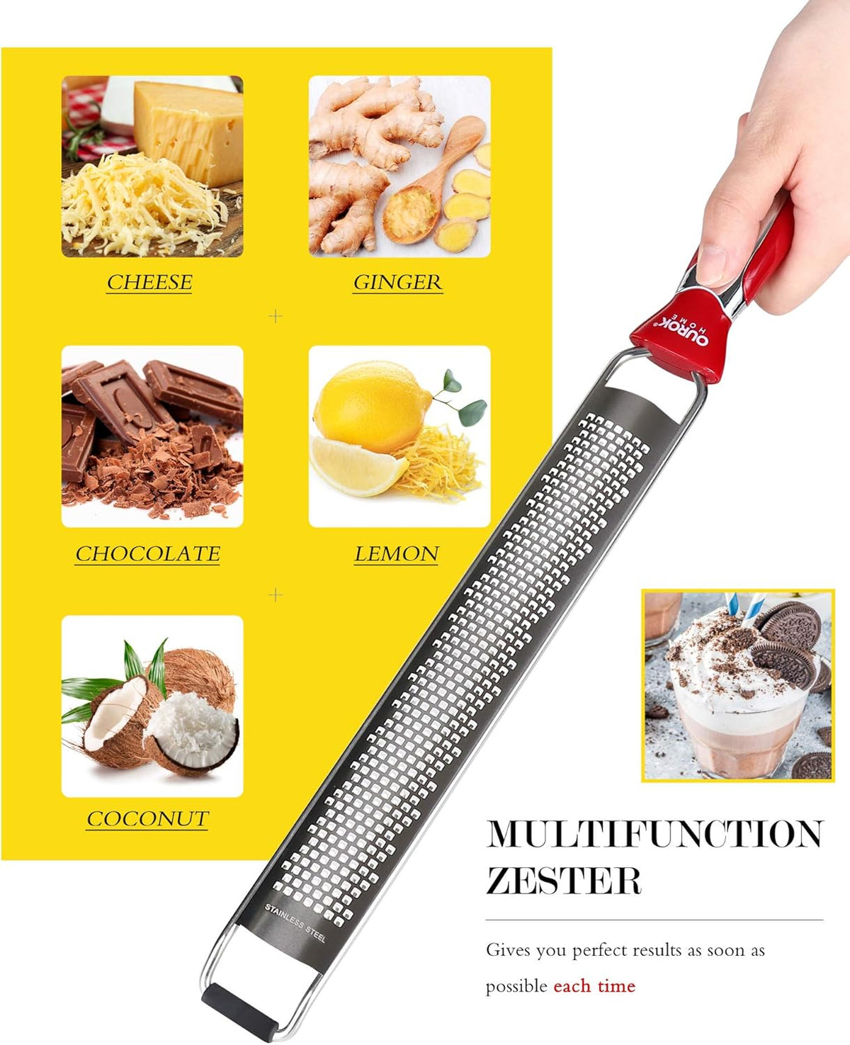 Ourokhome Kitchen Lemon Zester, Stainless Steel Hand Held Parmesan Cheese Grater for Ginger, Chocolate, Coconut, Lime, Nutmeg, Citrus, Fruit, Vegetable with Cleaning Brush, Dishwasher safe, Red