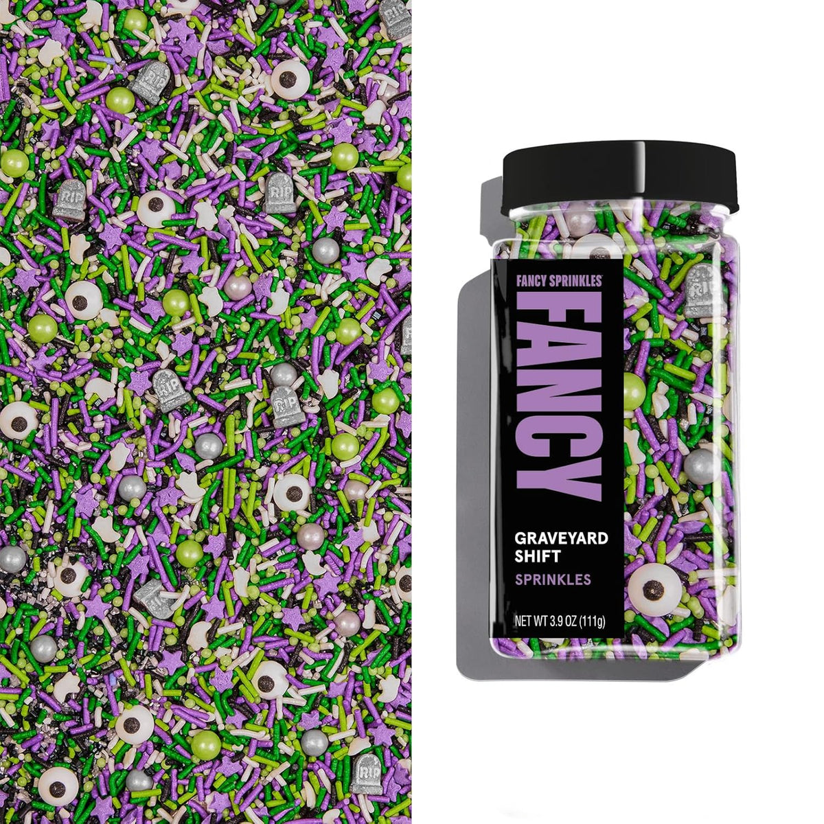 Fancy Sprinkles Limited Edition Halloween Graveyard Shift Purple and Green Crunchy Sprinkles, Plus Candy Eyeballs, Ghostly Confetti, and Eerie Tombstone Shapes (0.5c)