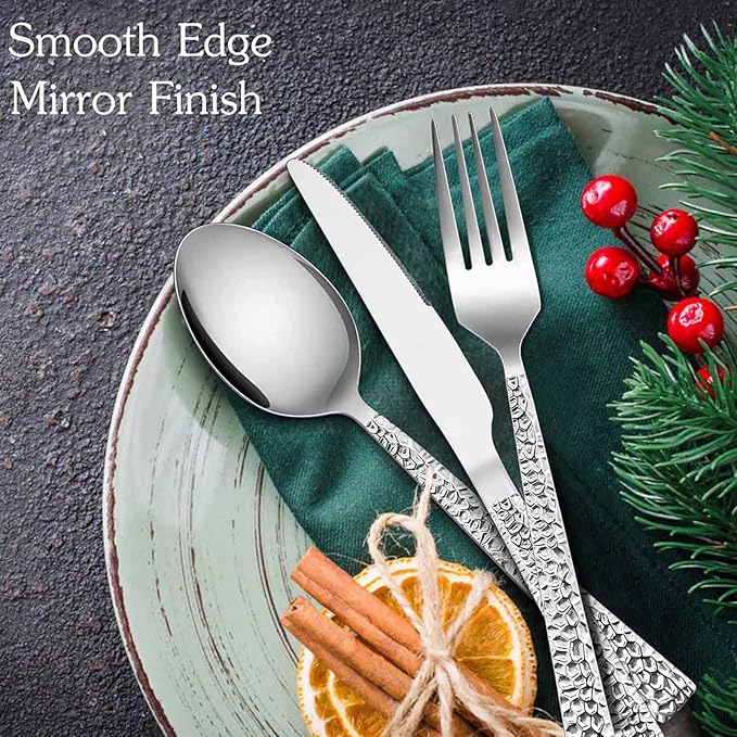 E-far 80-Piece Hammered Silverware Set, Stainless Steel Square Flatware Set Service for 16, Tableware Cutlery Set Includes Forks Spoons Knives, Modern Design & Mirror Polished - Dishwasher Safe