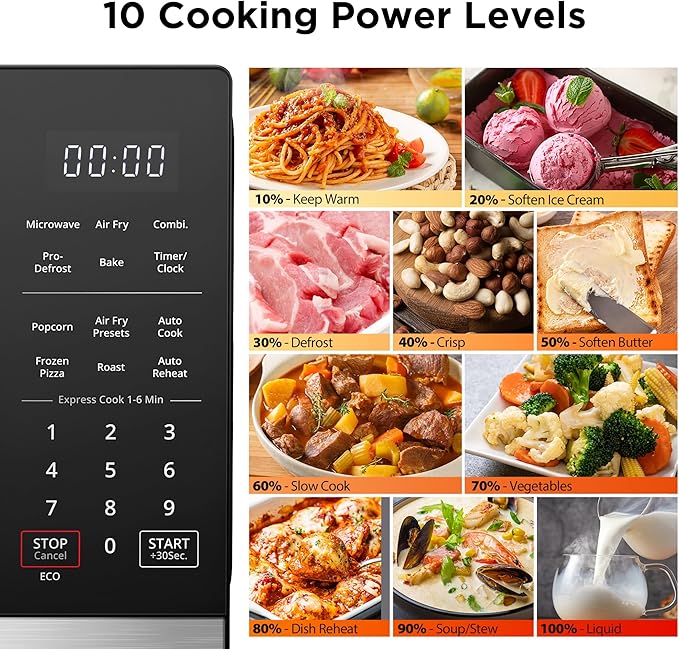 BLACK+DECKER 5-in-1 Microwave Oven with Air Fry, Combi, Bake, Roast, and Convection Cooking, 0.9 cu. ft. Countertop Microwave, Stainless Steel, 900 Watts, Child-Lock, ES9P032NA