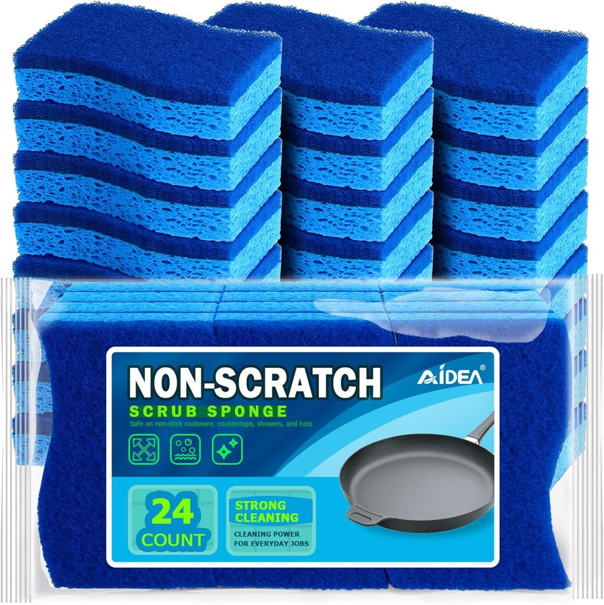 AIDEA Non Scratch Scrub Sponge, 24Count, Sponges for Dishes, Sponges Kitchen, Cleaning Sponge, Cleans Fast Without Scratching, Stands Up to Stuck-on Grime, Cleaning Power for Everyday Jobs