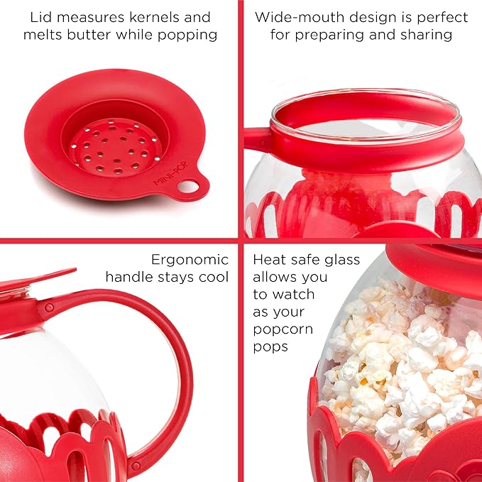 Ecolution Patented Micro-Pop Microwave Popcorn Popper with Temperature Safe Glass, 3-in-1 Lid Measures Kernels and Melts Butter, Made Without BPA, Dishwasher Safe, 3-Quart, Red