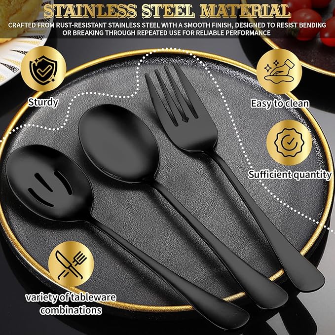 36-Piece Stainless Steel Serving Utensil Set – Complete Buffet Essentials with Spoons, Forks, Tongs, Ladle & More. Perfect for Wedding, Holiday, Catering, and Family Gatherings (Black)