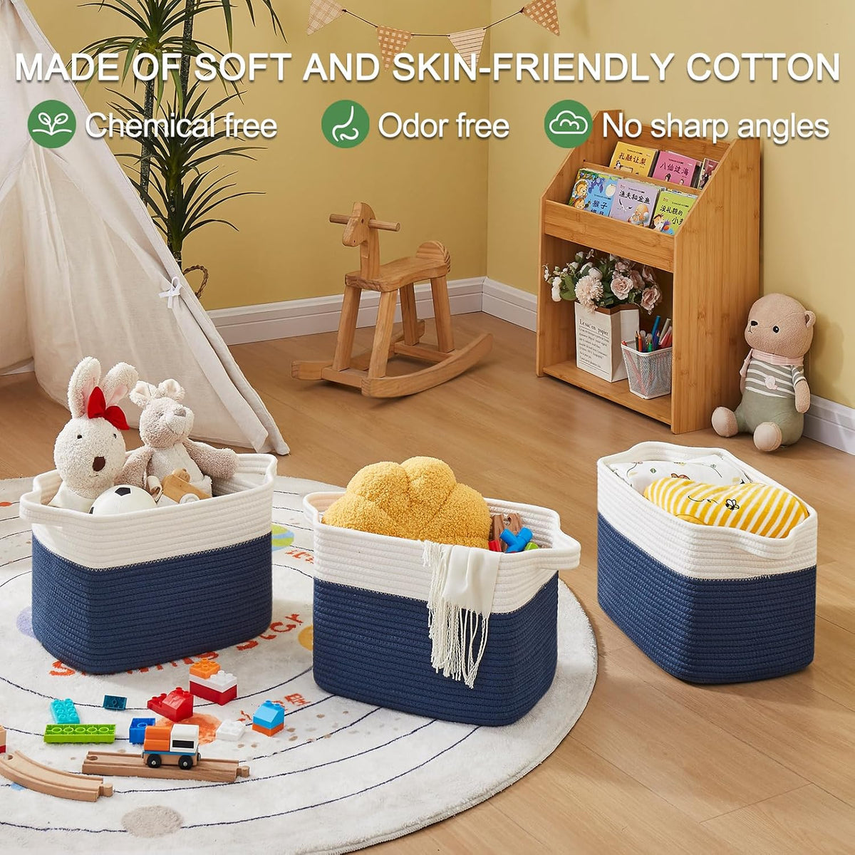 OIAHOMY Storage Basket, Woven Baskets for Storage, Cotton Rope Basket for toys,Towel Baskets for Bathroom - Pack of 3, Gradient Blue