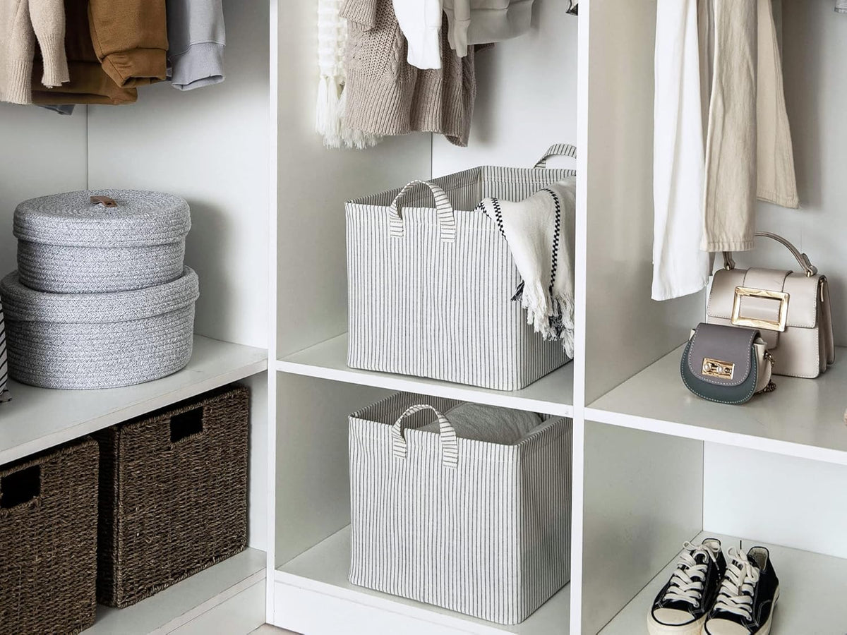 StorageWorks 45L Large Storage Bins for Closet and Shelves, Fabric Organizer Baskets with Metal Frame for Clothes, Towels, Collapsible Storage Basket, Gray and White Stripes, 2-Pack