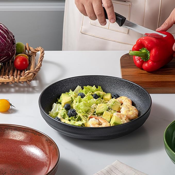 HAPPY KIT 9'' Large Pasta Bowls Stoneware Reactive Glaze, 42 Oz Large Salad Bowls Set of 4, Serving Bowls, Microwave Dishwasher Safe, Matte Black