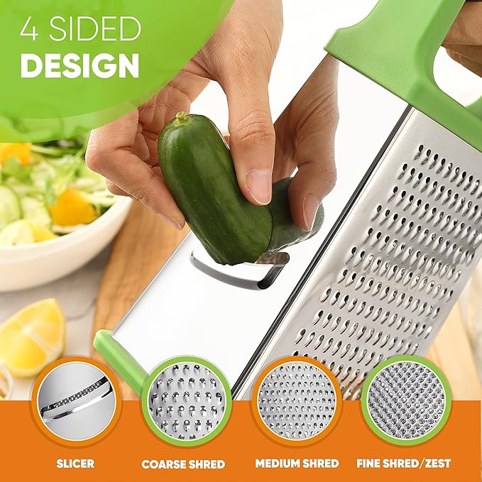 Spring Chef Green Professional Stainless Steel XL Parmesan Cheese Grater with Handle - 4 Sided Box Grater for Kitchen - Dishwasher Safe Food Shredder for Carrot, Potato, Vegetables, Ginger, Hash Brown