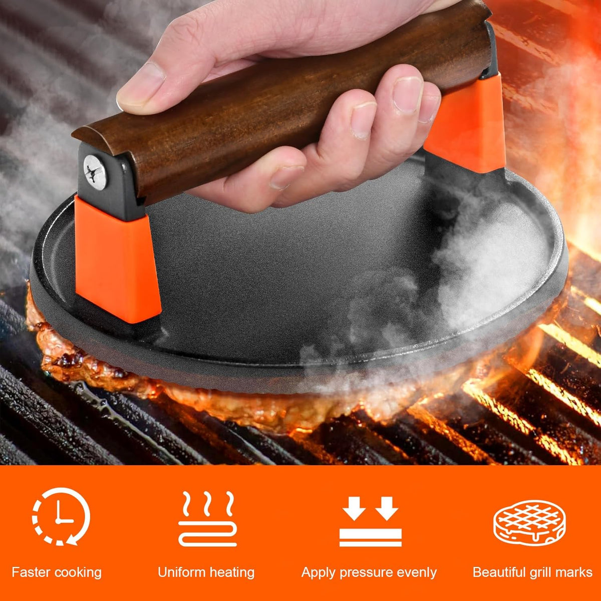GGC Smash Burger Press, Cast Iron Bacon Press for Hamburger, Steak, Bacon, Sandwiches, 7" Round Meat Press with Wooden Handle for Grill and Griddle Cooking(10Pcs Patty Paper)