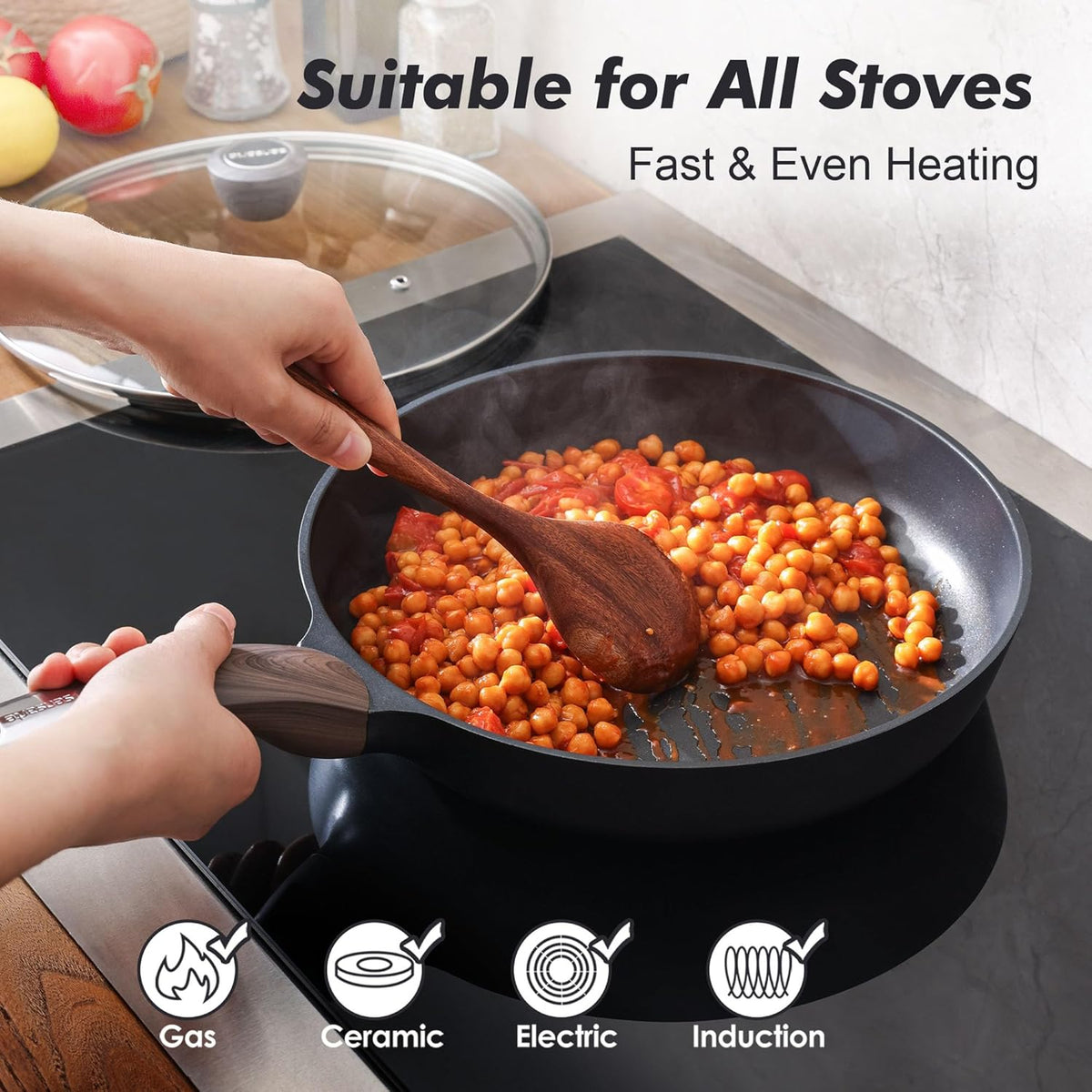 SENSARTE Nonstick Frying Pan Skillet with Lid 9.5Inch Non Stick Omelette Pans, Healthy Kitchen Cooking Chef's Pan with Cover, Free of Intentionally Added PFOA/PFOS, Induction Compatible, Black
