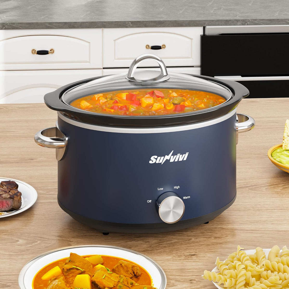 Sunvivi 4 Quart Slow Cooker & Mini Food Warmer with 3 Heating Settings, Removable Ceramic Pot, Dishwasher Safe Glass Lid, Stainless Steel, Blue