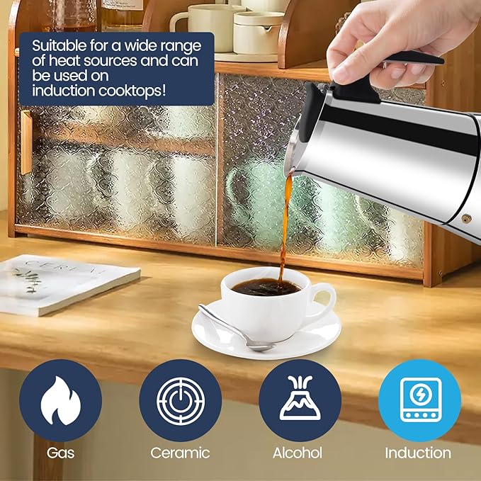 4 Cup Moka Pot Stainless Steel 200ml Italian Espresso Coffee Maker Stovetop CoffeeMakers Mocha Pot Percolator for Induction Stove Classic Cafe Makers Portable for Easy Brewing Tummy
