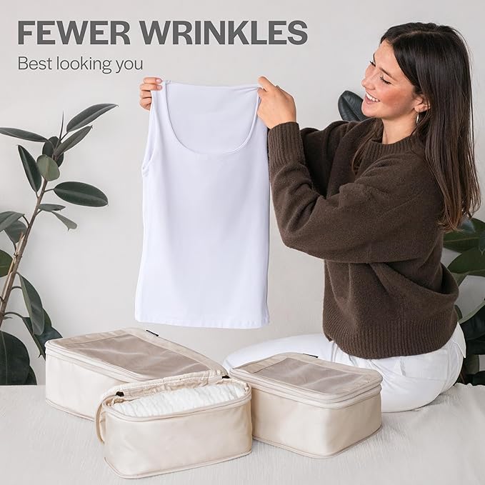 Aerotrunk Compression Packing Cubes for Travel - Luggage Organizer Bags - Double Zipper Packing Cubes for Suitcases (2-Pack, Beige)
