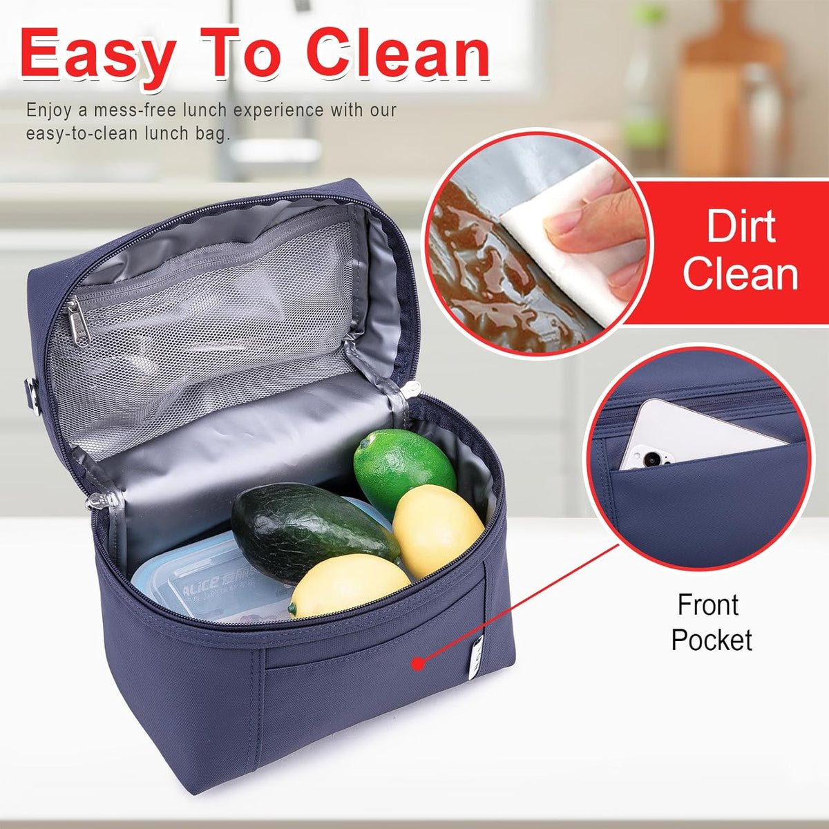 NOL Natural Organic Lifestyle Insulated Lunch Bags for Women Cooler Bag Lightweight Nylon Waterproof Lunch Box For Work (Navy blue, Medium(normal))
