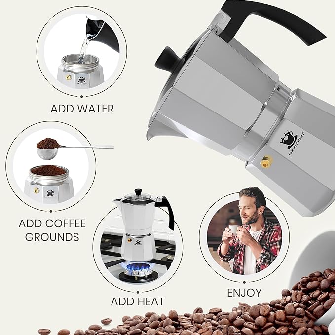Cafe Du Chateau Moka Pot Espresso Maker - Makes 6 Espresso Cups - Stovetop Coffee Percolator with Clip Measuring Spoon - Ideal Cuban & Italian Coffee Maker