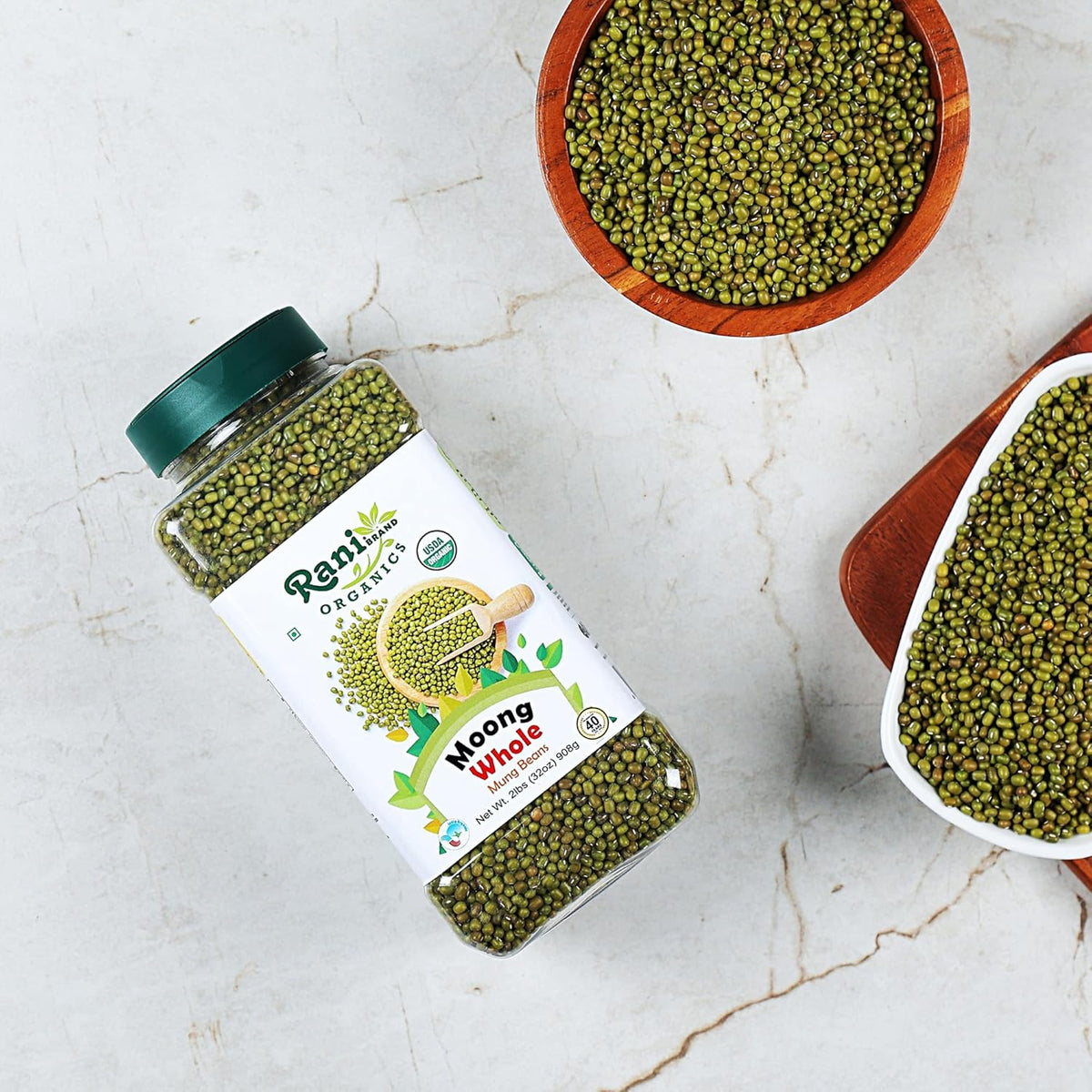 Rani Organic Moong Whole (Whole Mung Beans with Skin) Indian Lentils 32oz (2lbs) 908g PET Jar ~ All Natural | Vegan | Gluten Friendly | NON-GMO | Indian Origin | USDA Certified Organic