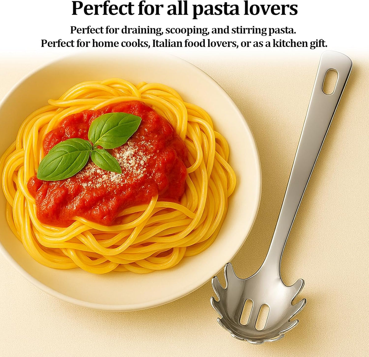 Stainless Steel Pasta Spoon with Teeth Pasta Server & Spaghetti Spoon with Drain Holes for Noodles, Pasta, Cooking & Serving (Silver)