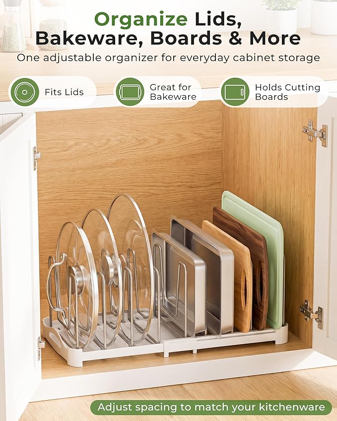 EVERIE Adjustable Bakeware Organizer Pot Lid Holder Rack for Pots, Cake Molds, Cutting Boards, Mats, Cookware, GS02SS, 7.7'' Deep by 12.6'' to 21.5'' Wide