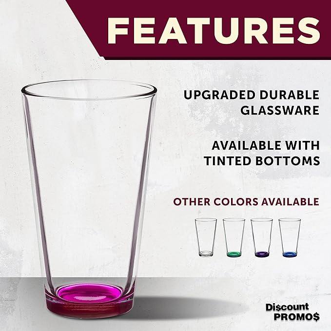 DISCOUNT PROMOS Arc Pint Glass 16 oz. Set of 10, Bulk Pack - Beer Glasses, Heavy Duty Drinkware - Pink