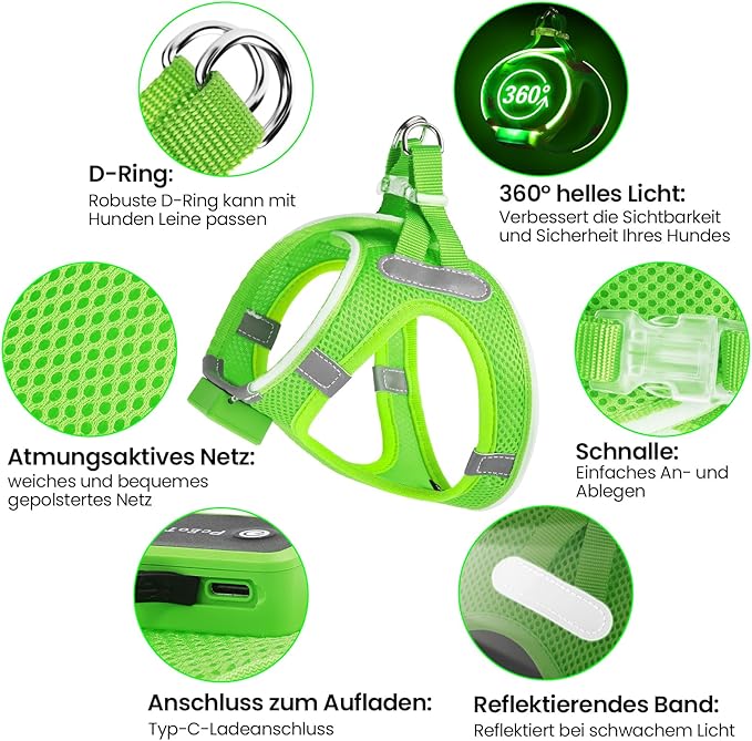 PceoTllar Light Up Dog Harness, LED No Pull Reflective Dog Harness, Flashing Lighted for Night Walking - Small/Medium, (Green M)