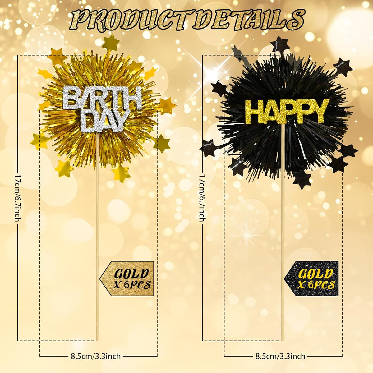 LOLStar 12 PCS Happy Birthday Cake Toppers, Black and Gold Foil Cupcake Toppers, Glitter Tinsel Cupcake Decor, Food Picks Drink Stirrers Cocktail Toothpicks for Celebrating Party Supplies