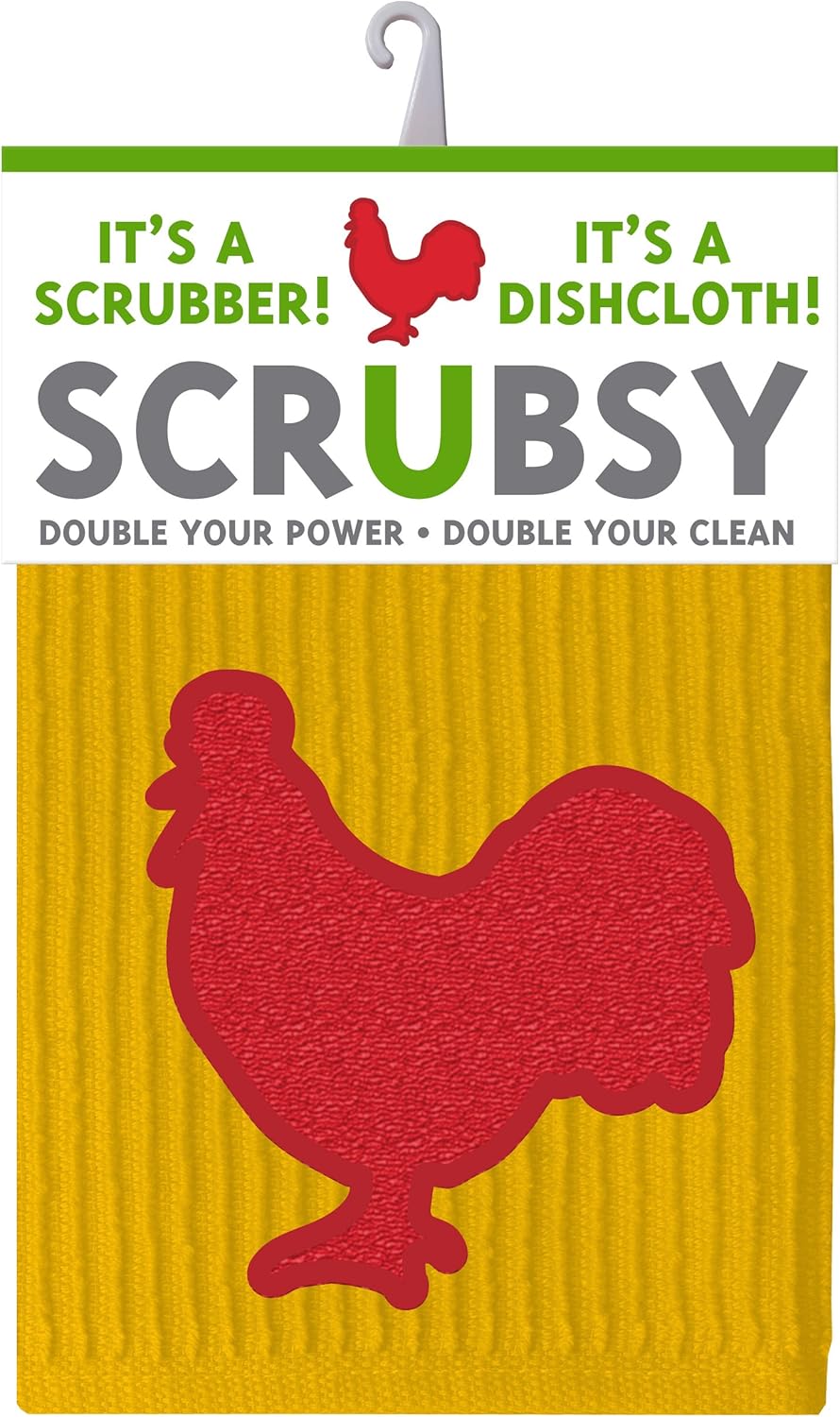MÜkitchen SCRUBSY 100% Cotton Kitchen Dish Cloth with Built in Scrubber | Various Designs and Super Absorbant (Rooster)