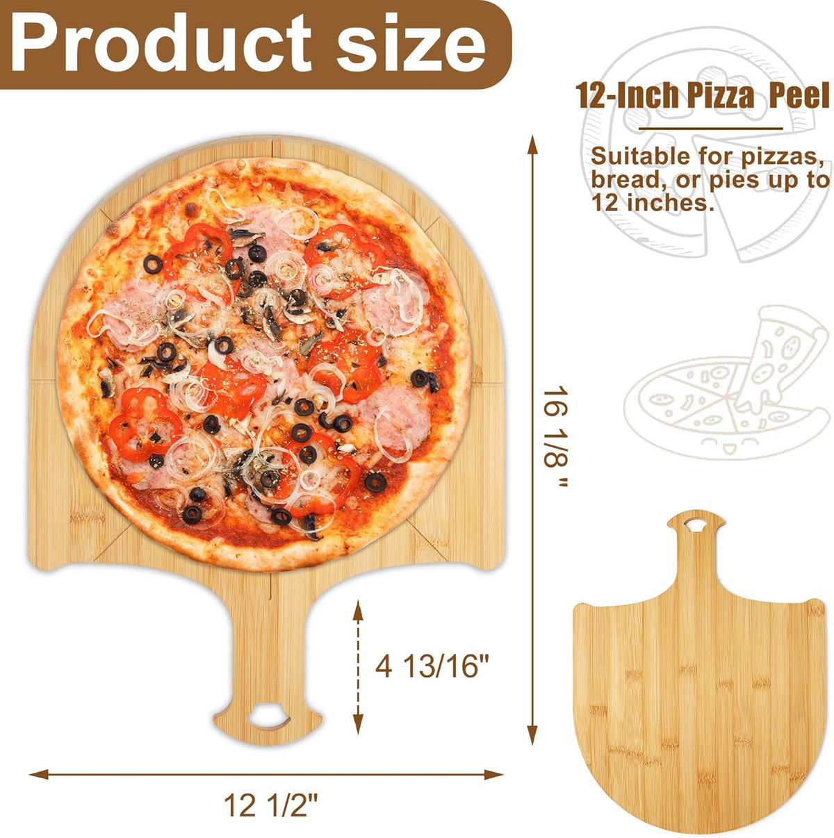 Pizza Peel Wooden, 2 Pack of 12 Inch Pizza Spatula Wood Non-Stick, Bamboo Pizza Paddle as Cutting Board with Cutting Grooves for Easy Pizza and Bread Making