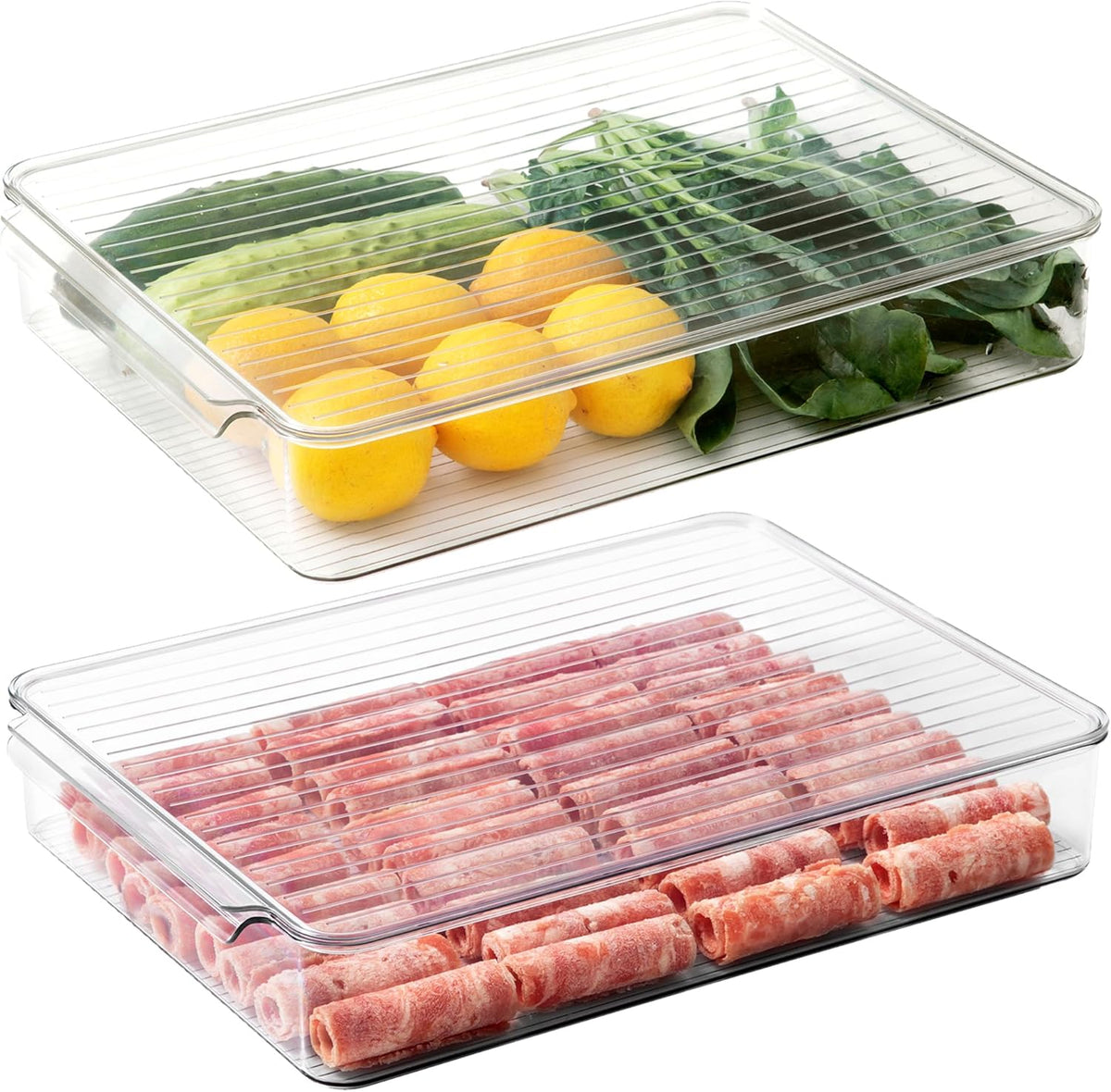 vacane 2 Pack Deli Meat Container for Fridge, Bacon Container with Lids for Refrigerator Fruit, Cold Cuts, Cheese Keeper Marinade Tray, Stackable Freezer Storage Containers