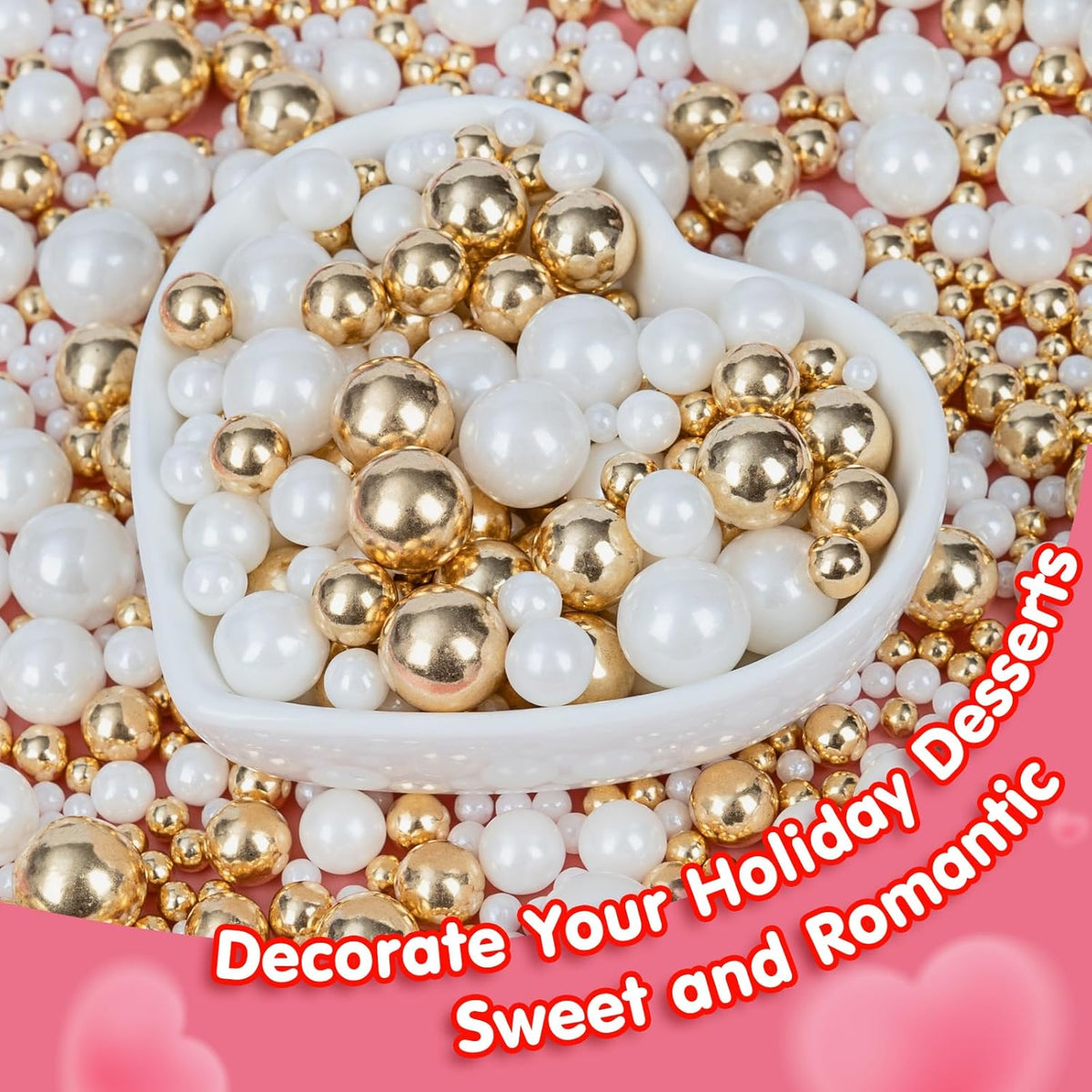Edible Pearl Sprinkles,White Gold Candy Mixing Size,Baking Pearls Sprinkle Edible Cake Decorations Cupcake Toppers, Cookie Decorating Celebrations Wedding Valentines Easter Halloween Christmas Supplies 130g/ 4.58oz