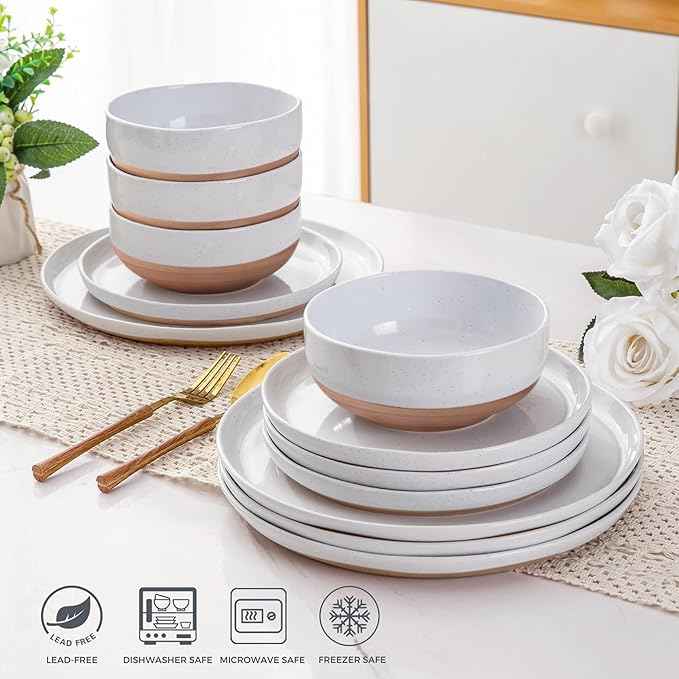 AmorArc Ceramic Dinnerware Sets with Pasta Bowls for 4, Handpainted Plates and Bowls Set with Rustic Terracotta Underside, Scratch Resistant Dishes Set, Dishwasher & Microwave Safe, 16 Pcs