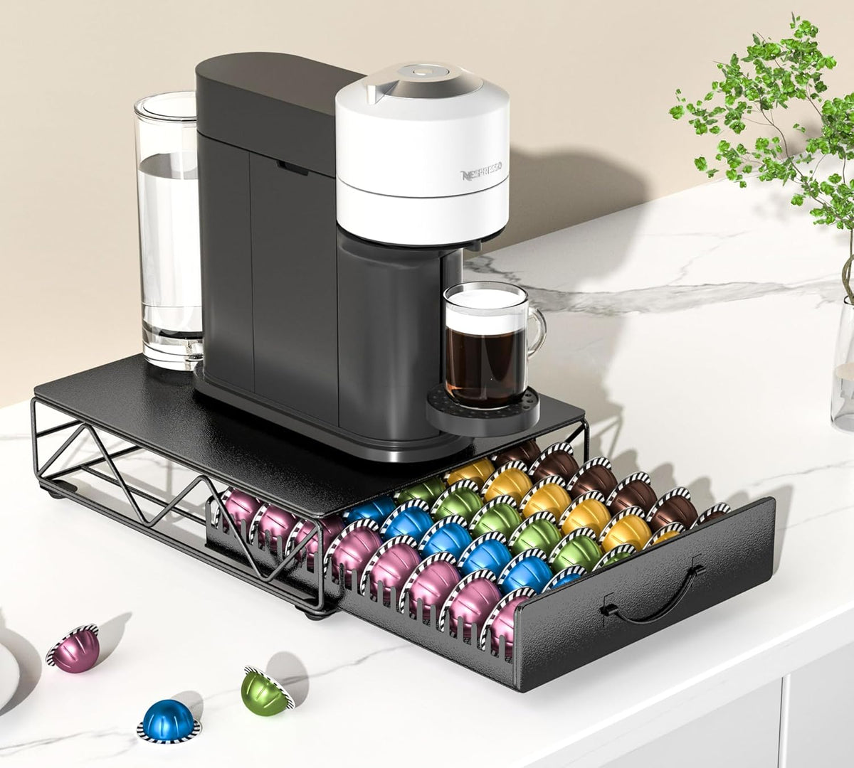 HFHOME Coffee Pod Holder Drawer Compatible with Nespresso - 40 Large or 60 Small VertuoLine Pods - Black Metal Coffee Capsule Storage Organizer for Vertuo - Coffee Capsule Holder for Kcup Home Kitchen
